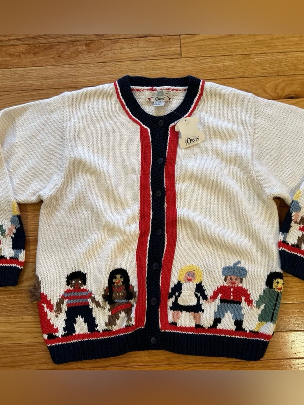 Orvis White Knit Cardigan Sweater with Multicolor Folk Doll Border